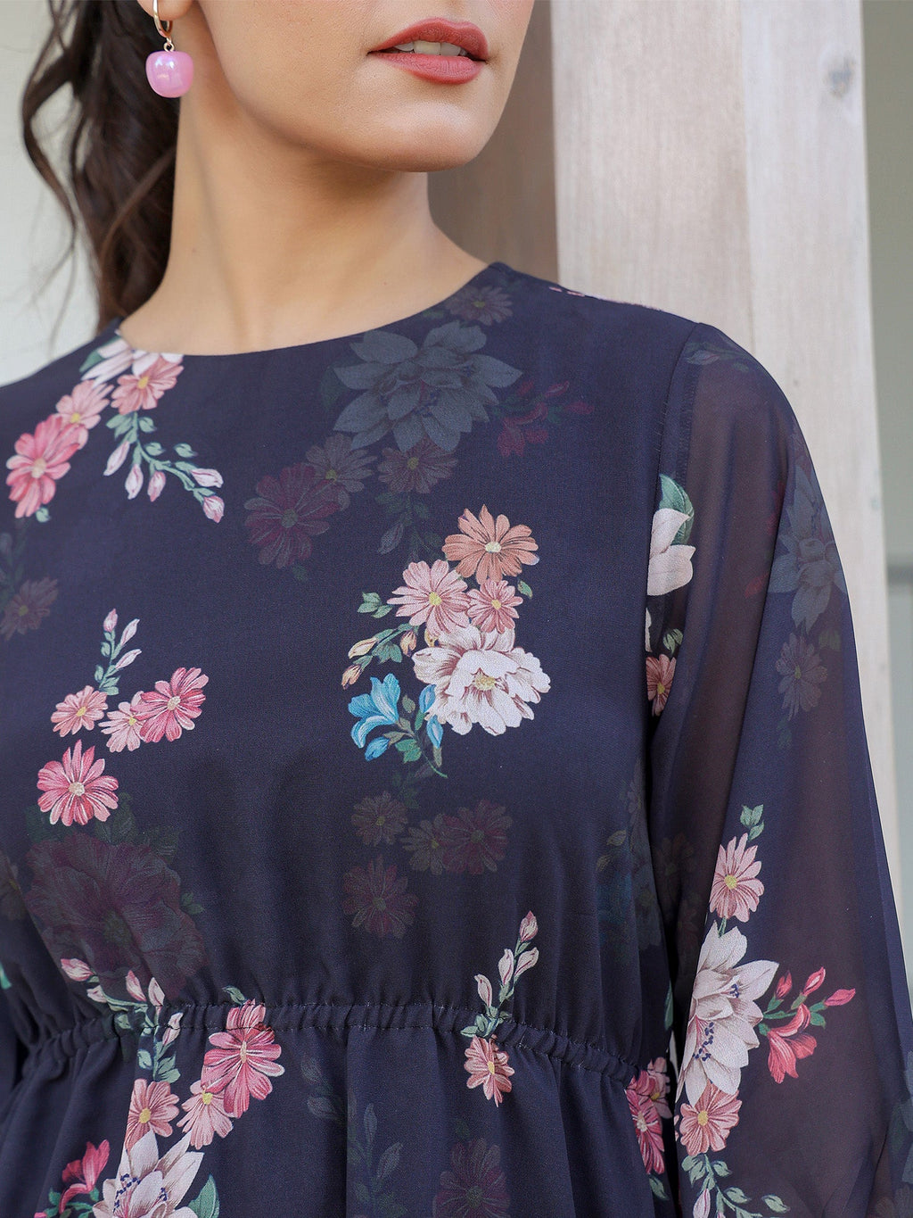 Janasya Dark Georgette Floral A-Line Dress - Distacart