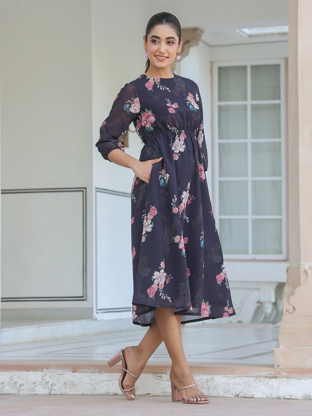 Janasya Dark Georgette Floral A-Line Dress - Distacart