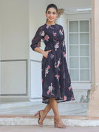 Janasya Dark Georgette Floral A-Line Dress - Distacart