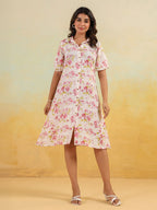 Janasya Light Cotton Floral A-Line Dress - Distacart
