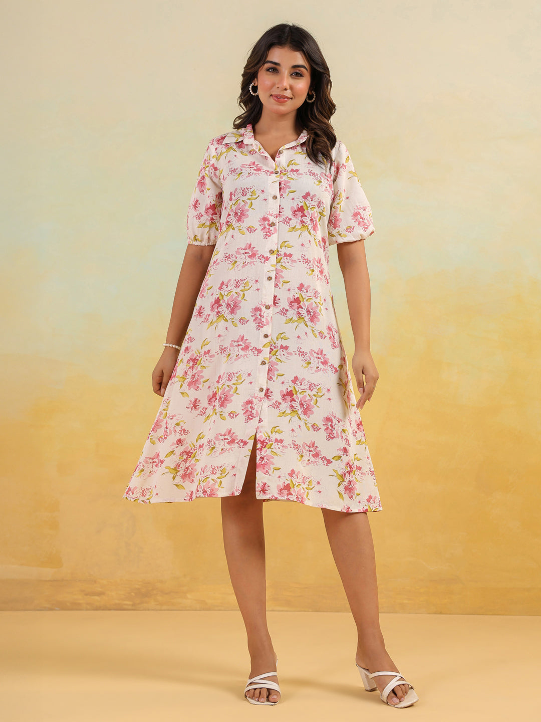 Janasya Light Cotton Floral A-Line Dress - Distacart