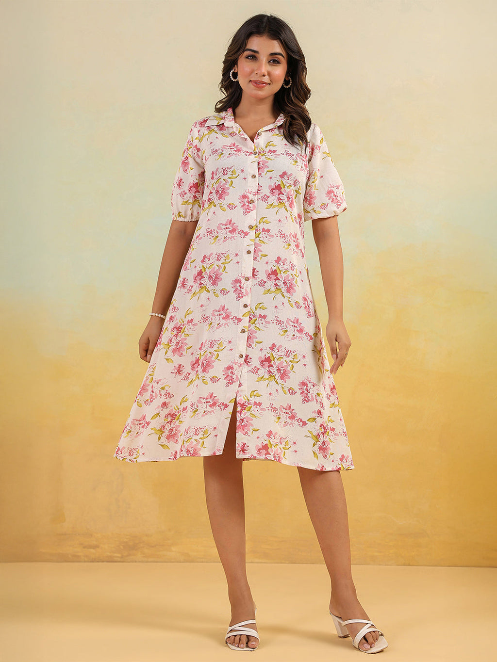 Janasya Light Cotton Floral A-Line Dress - Distacart