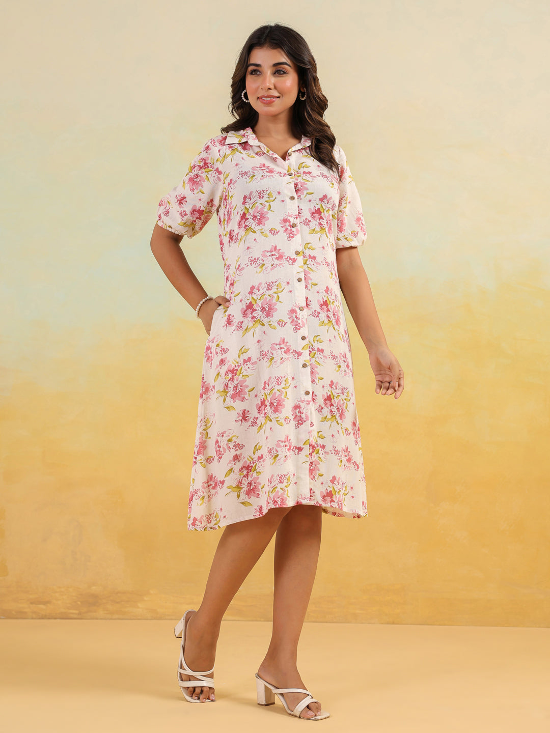 Janasya Light Cotton Floral A-Line Dress - Distacart