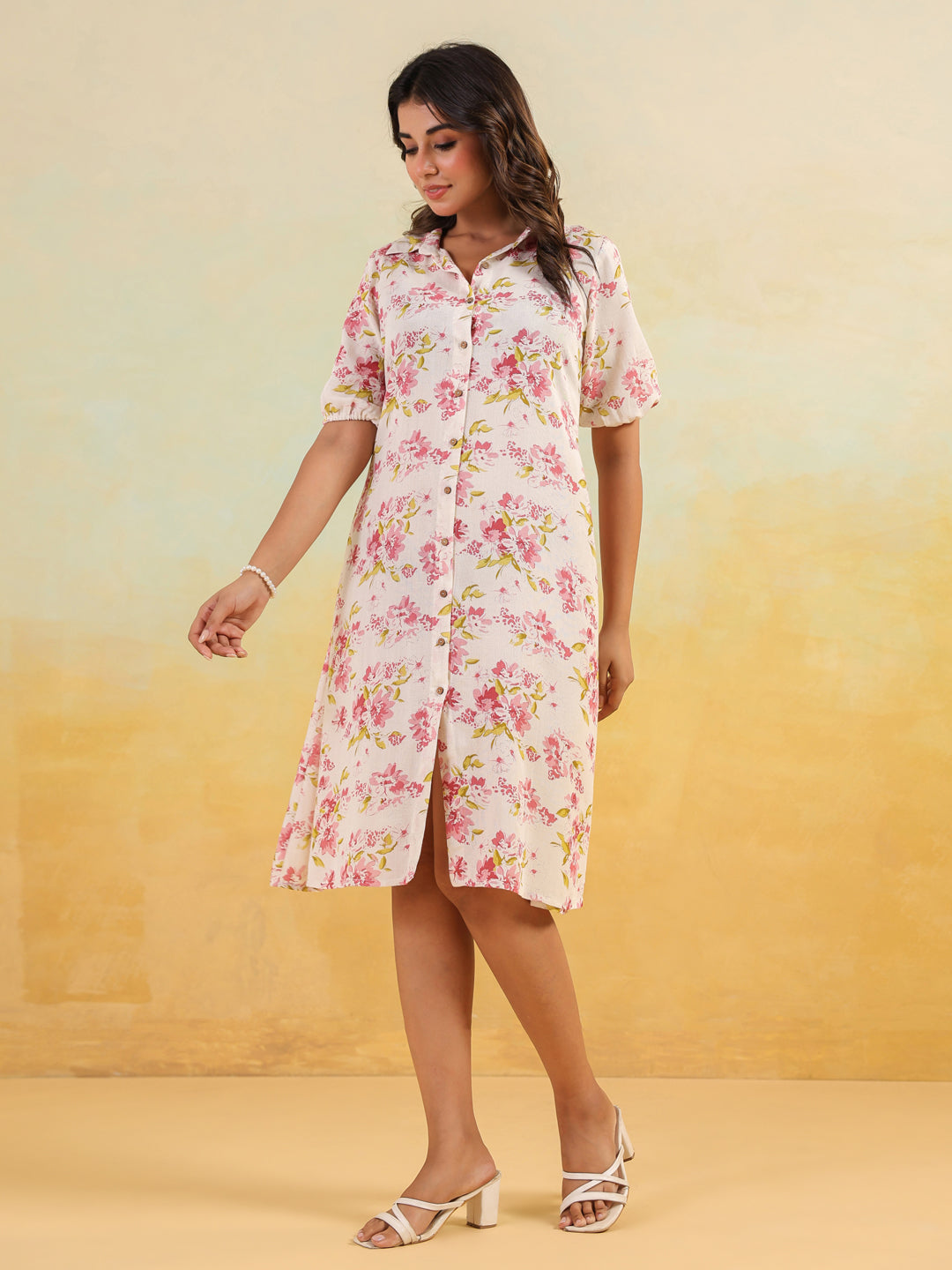 Janasya Light Cotton Floral A-Line Dress - Distacart