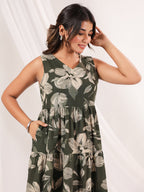 Janasya Dark Cotton Floral Tiered Dress - Distacart