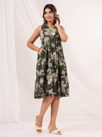 Janasya Dark Cotton Floral Tiered Dress - Distacart