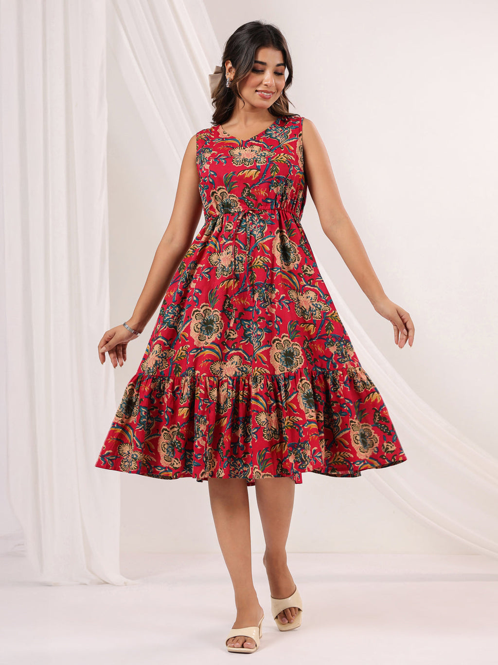 Janasya Bright Cotton Floral Fit & Flare Dress - Distacart