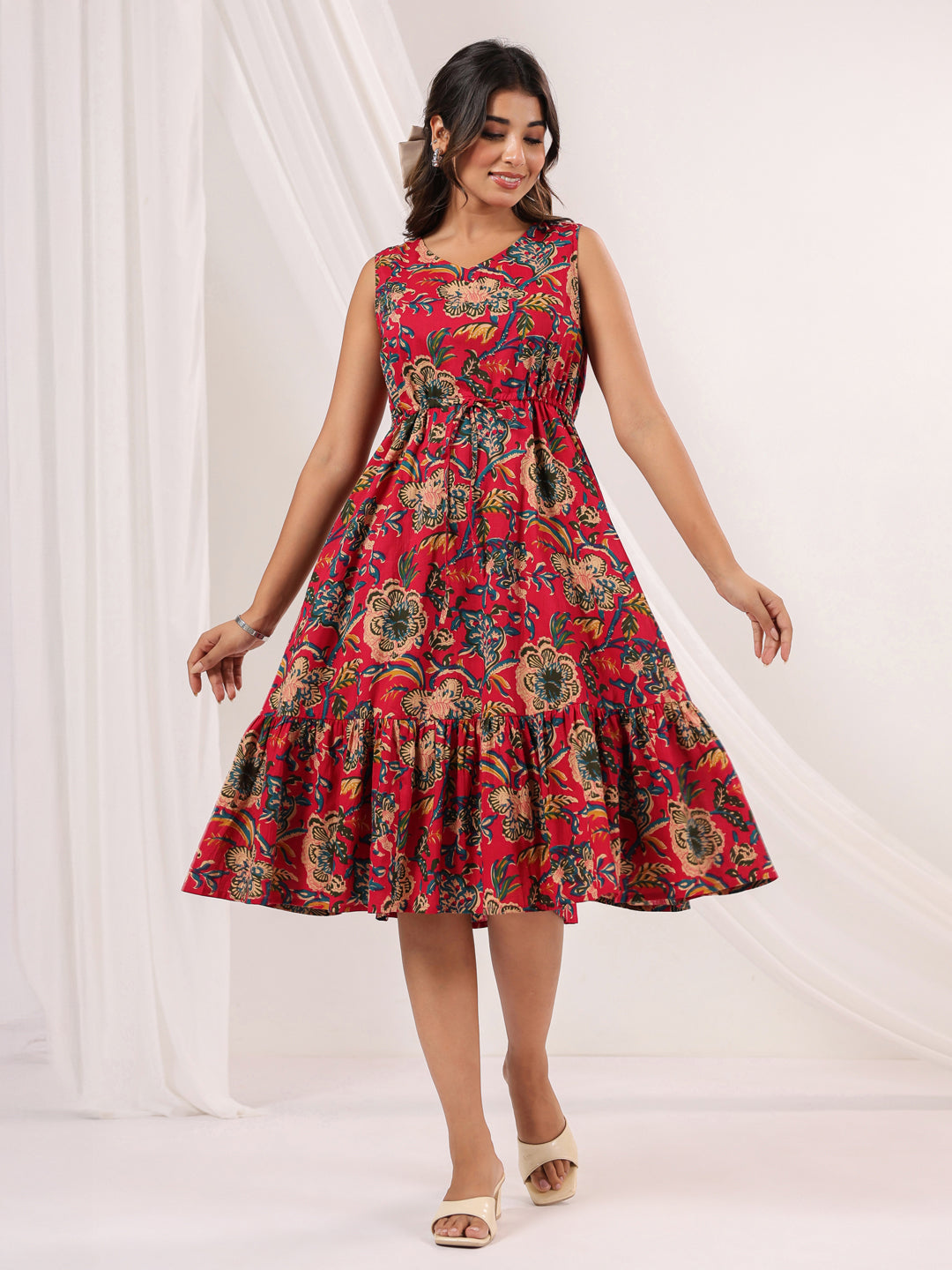 Janasya Bright Cotton Floral Fit & Flare Dress - Distacart