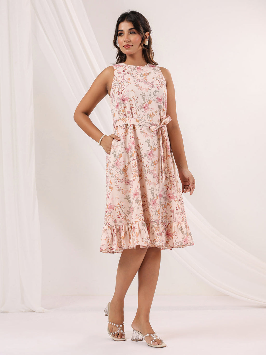 Janasya Light Cotton Floral A-Line Dress - Distacart