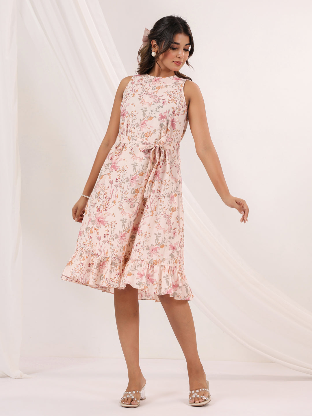 Janasya Light Cotton Floral A-Line Dress - Distacart