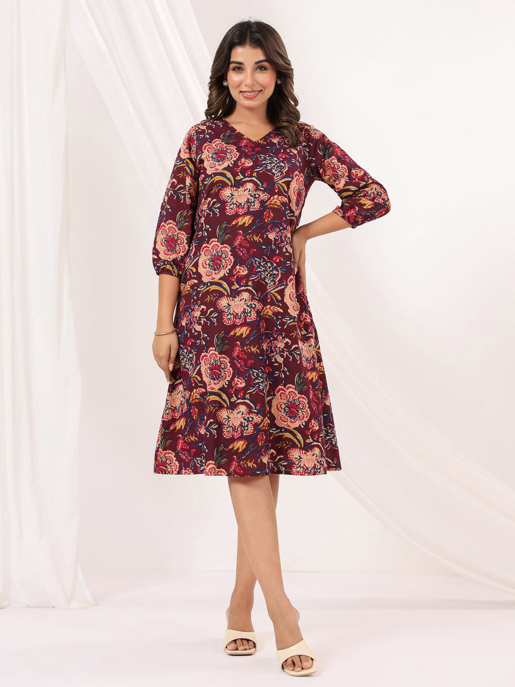 Janasya Dark Cotton Floral A-Line Dress - Distacart