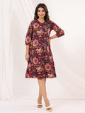 Janasya Dark Cotton Floral A-Line Dress - Distacart