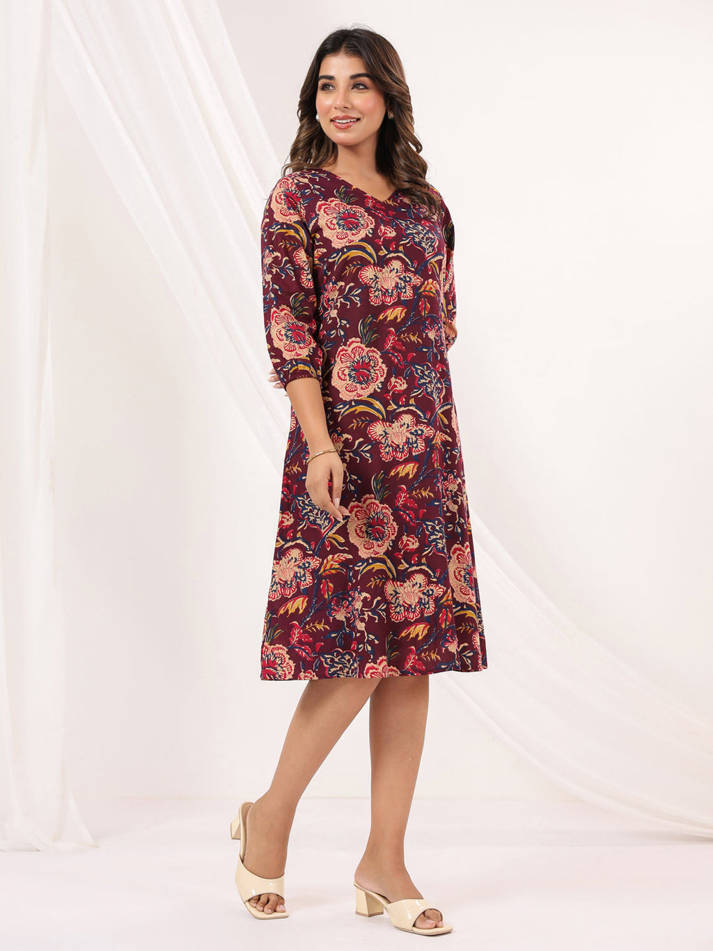Janasya Dark Cotton Floral A-Line Dress - Distacart