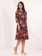 Janasya Dark Cotton Floral A-Line Dress - Distacart