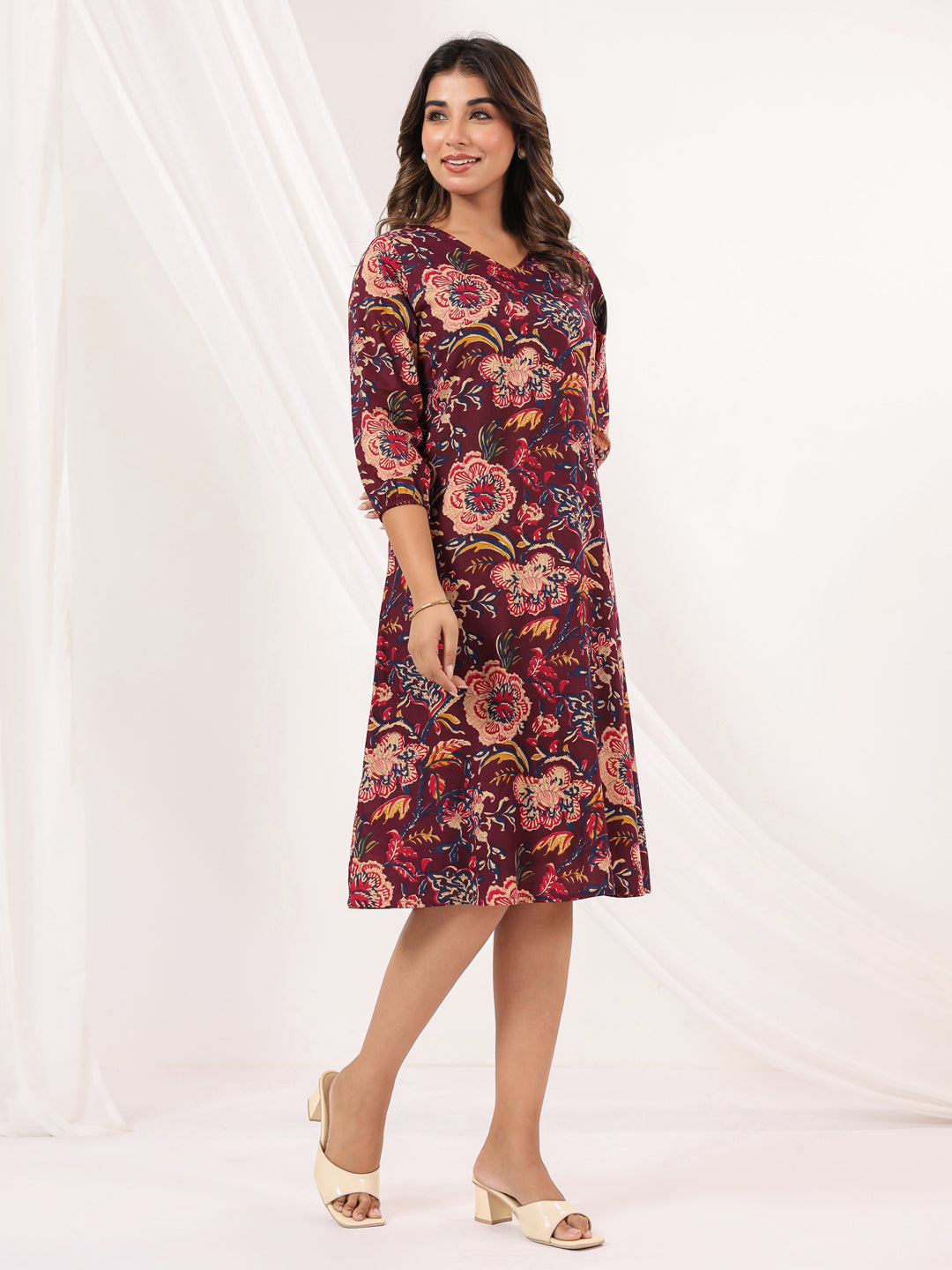 Janasya Dark Cotton Floral A-Line Dress - Distacart