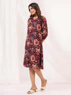 Janasya Dark Cotton Floral A-Line Dress - Distacart
