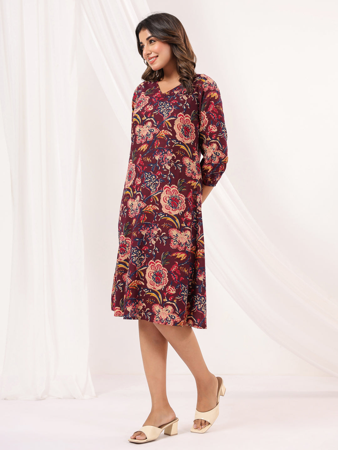 Janasya Dark Cotton Floral A-Line Dress - Distacart