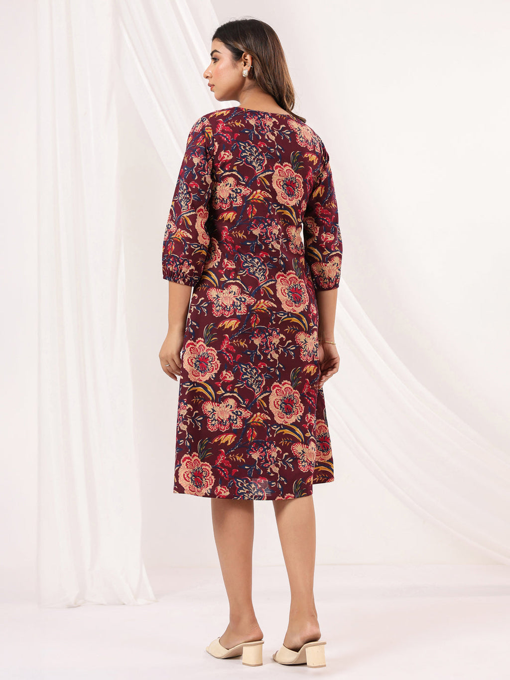 Janasya Dark Cotton Floral A-Line Dress - Distacart