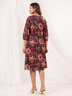 Janasya Dark Cotton Floral A-Line Dress - Distacart