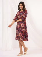 Janasya Dark Cotton Floral A-Line Dress - Distacart