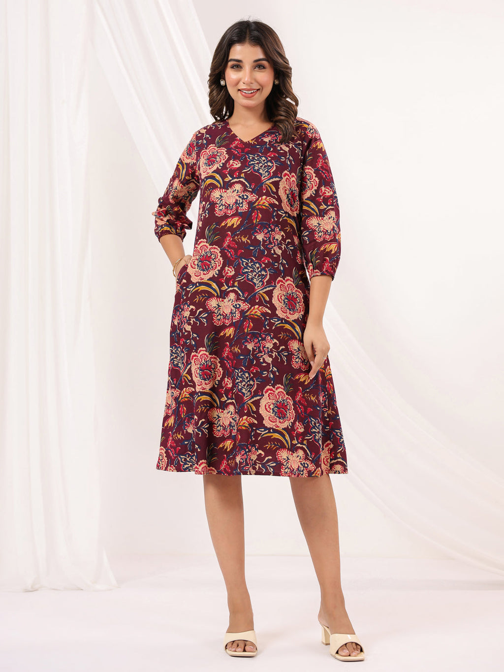 Janasya Dark Cotton Floral A-Line Dress - Distacart