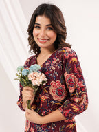Janasya Dark Cotton Floral A-Line Dress - Distacart