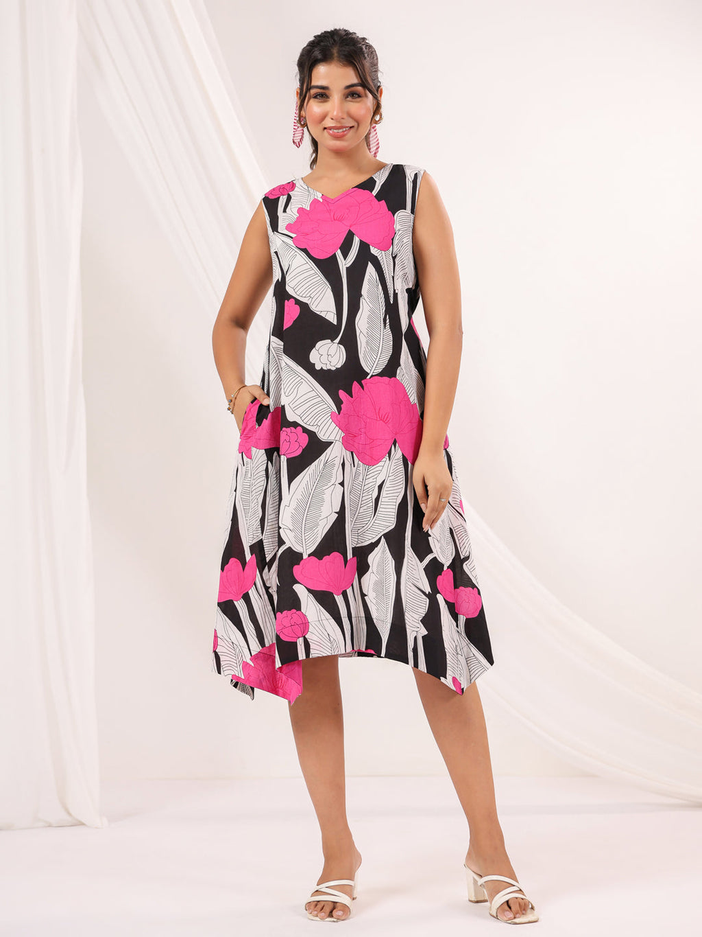 Janasya Dark Cotton Floral Handkerchief Dress - Distacart