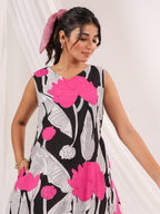 Janasya Dark Cotton Floral Handkerchief Dress - Distacart
