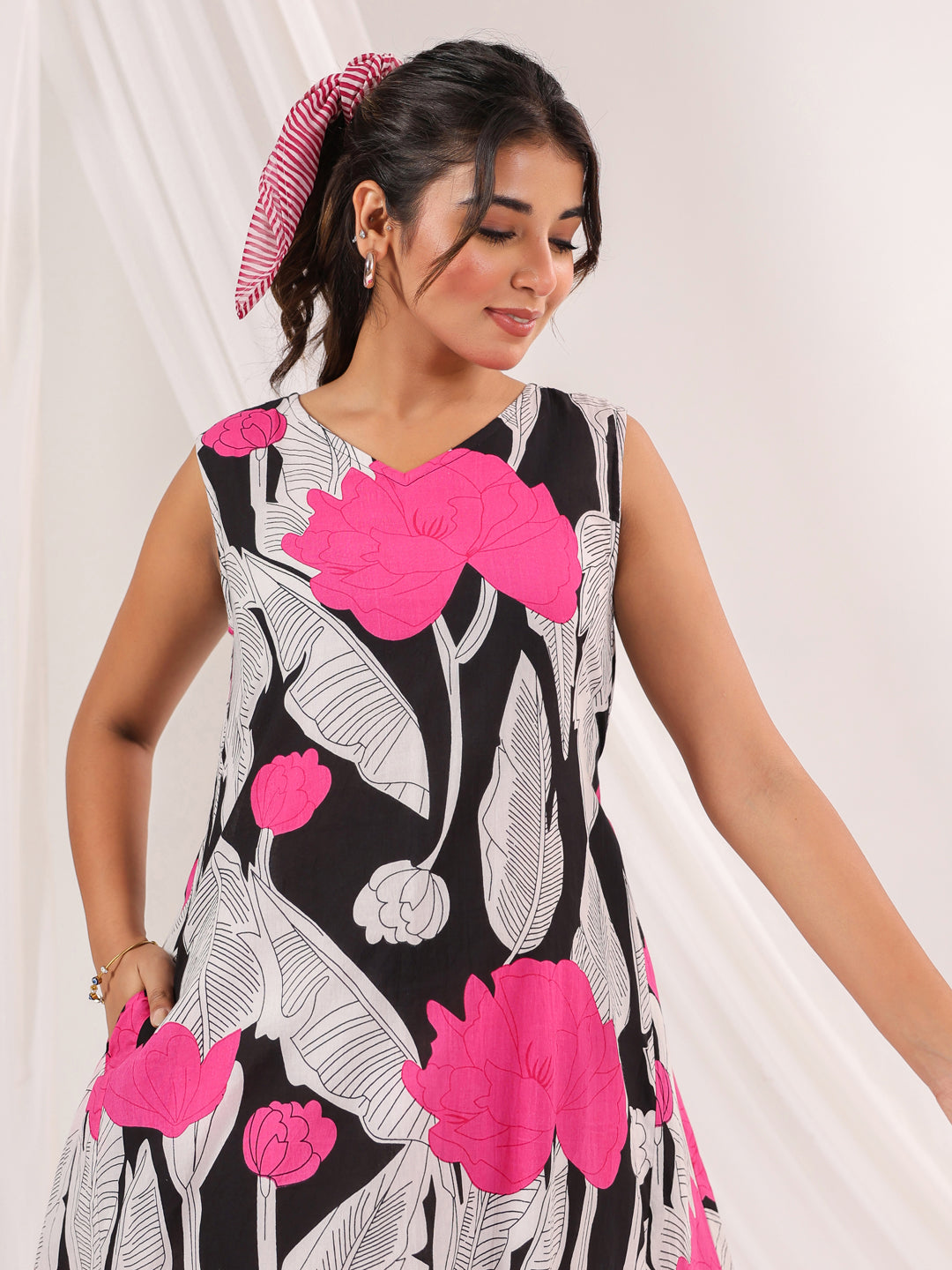 Janasya Dark Cotton Floral Handkerchief Dress - Distacart
