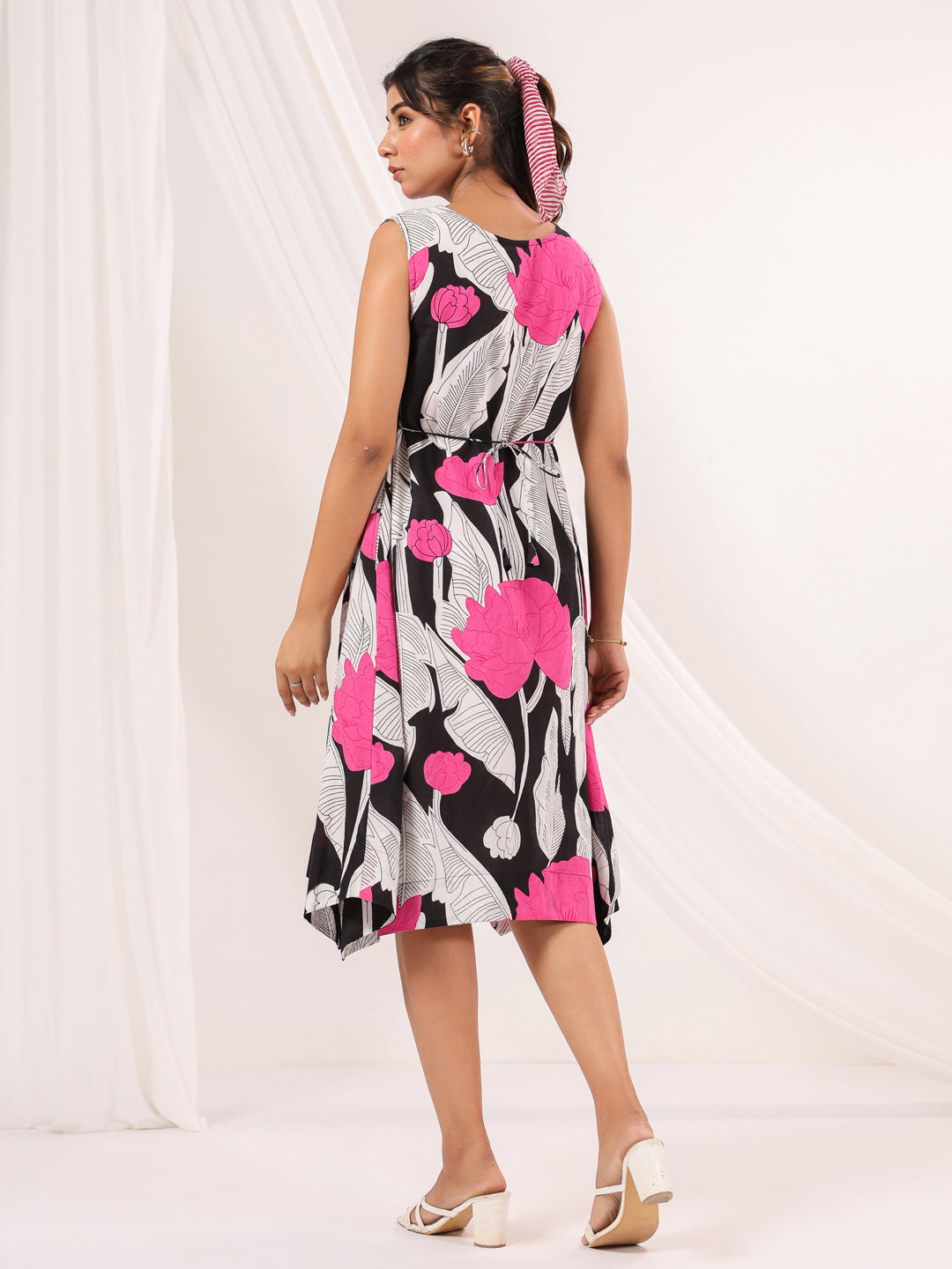 Janasya Dark Cotton Floral Handkerchief Dress - Distacart