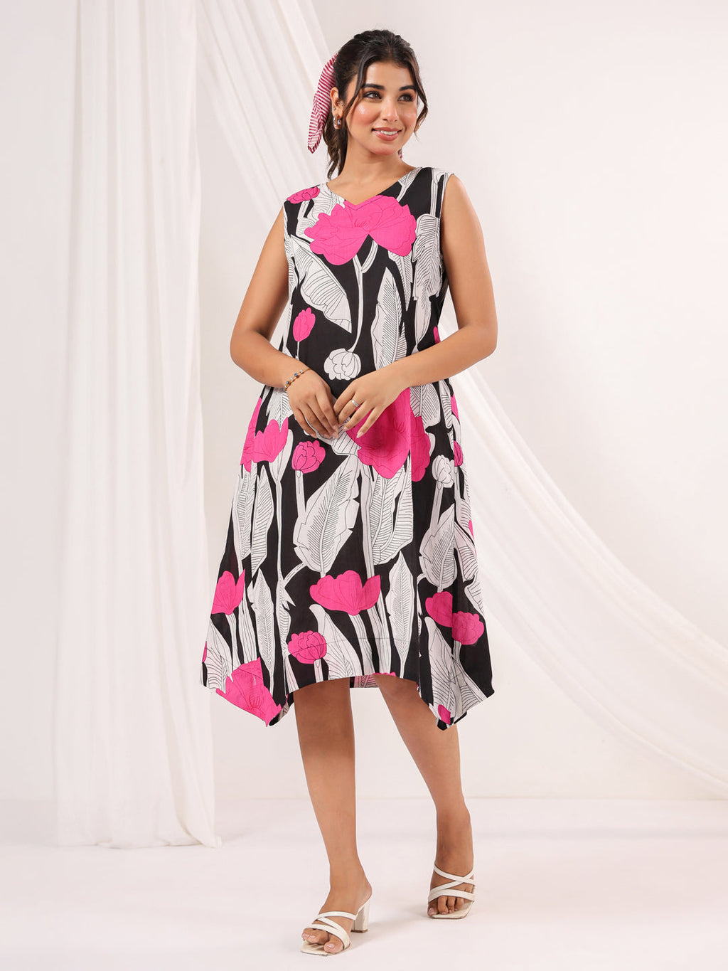 Janasya Dark Cotton Floral Handkerchief Dress - Distacart