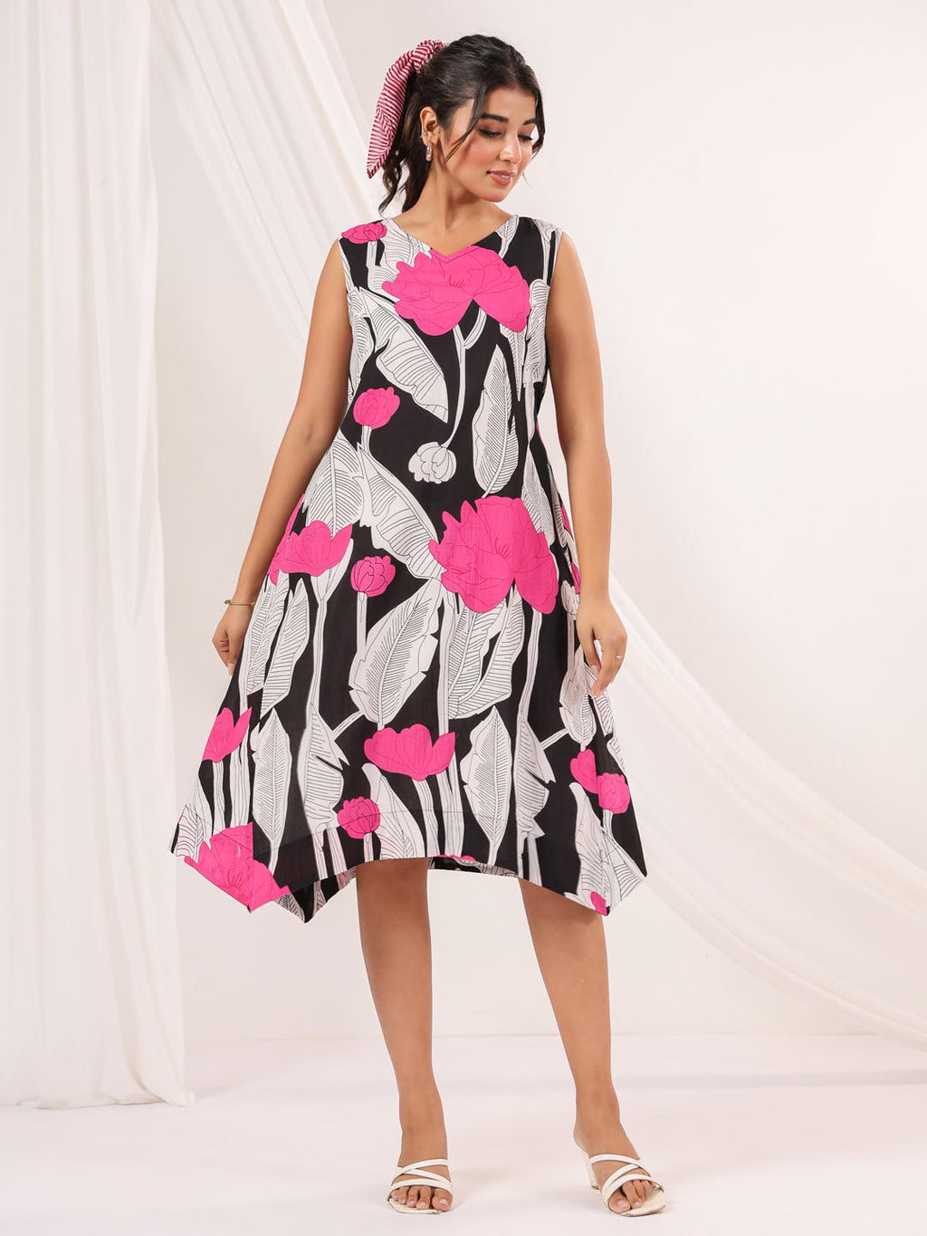 Janasya Dark Cotton Floral Handkerchief Dress - Distacart