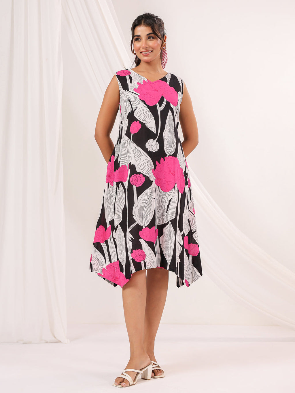 Janasya Dark Cotton Floral Handkerchief Dress - Distacart