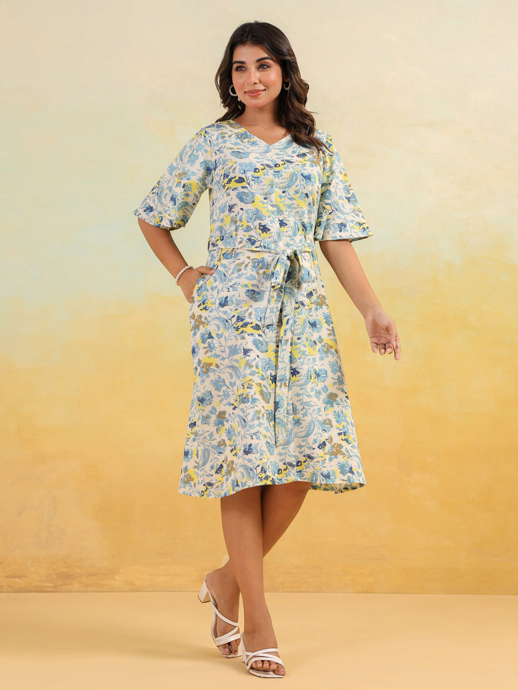 Janasya Light Cotton Floral A-Line Dress - Distacart