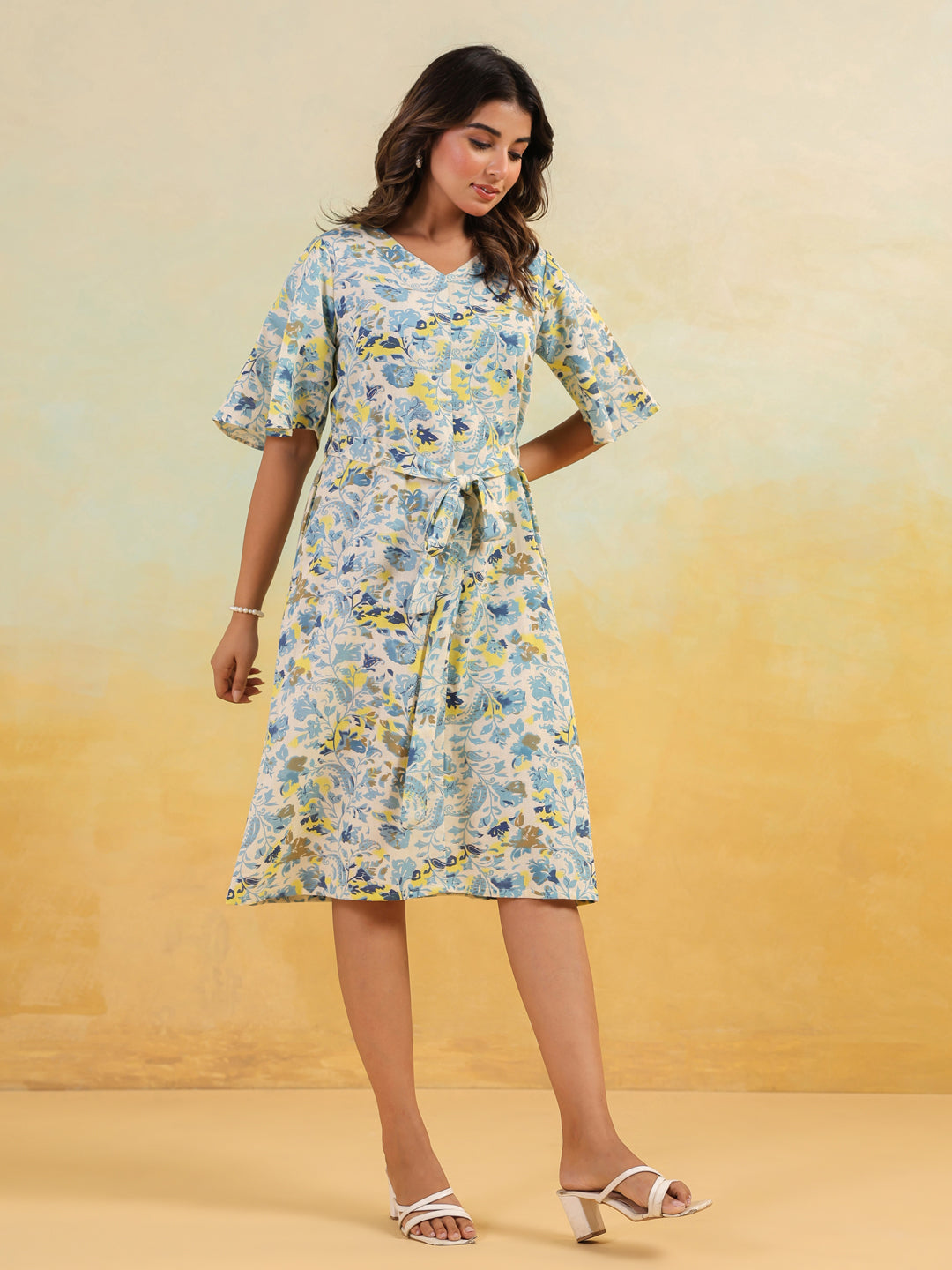 Janasya Light Cotton Floral A-Line Dress - Distacart