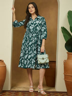 Janasya Dark Cotton Floral Fit & Flare Dress - Distacart