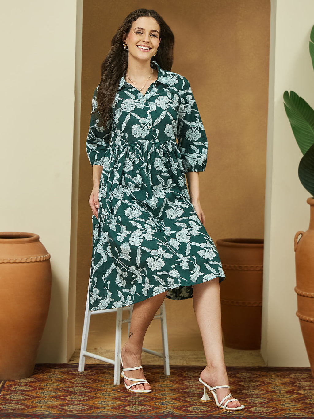 Janasya Dark Cotton Floral Fit & Flare Dress - Distacart