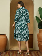 Janasya Dark Cotton Floral Fit & Flare Dress - Distacart