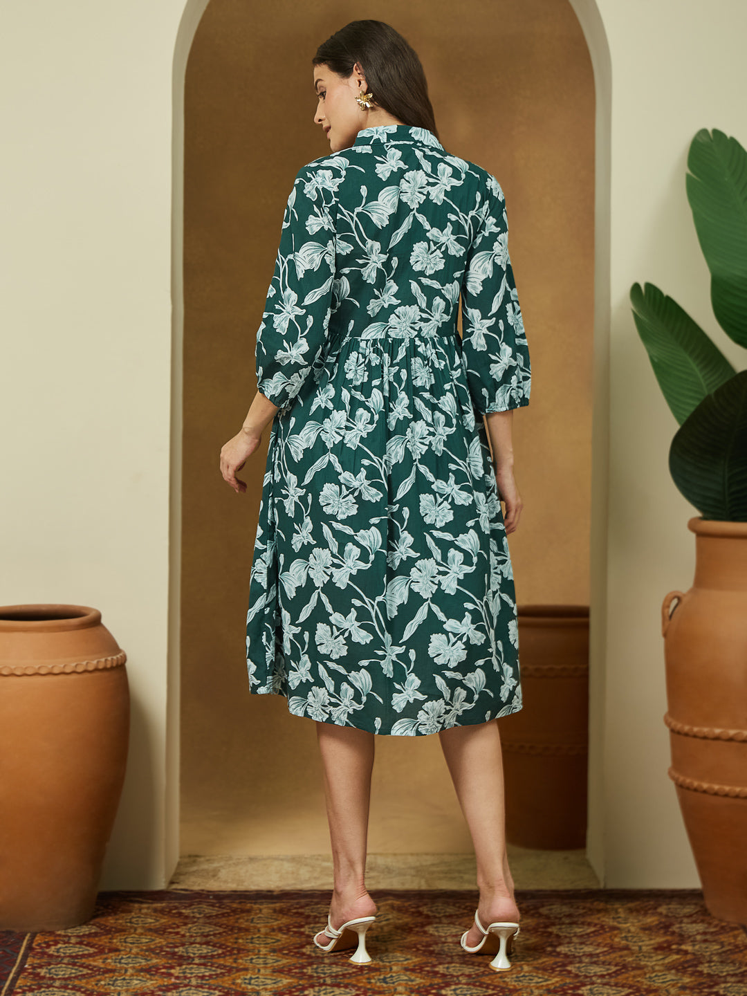 Janasya Dark Cotton Floral Fit & Flare Dress - Distacart