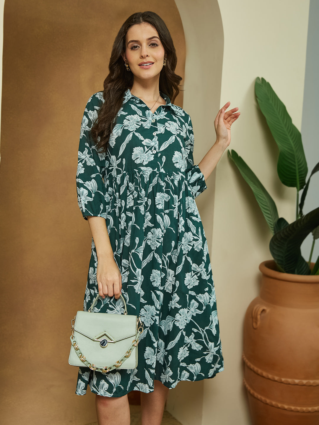 Janasya Dark Cotton Floral Fit & Flare Dress - Distacart