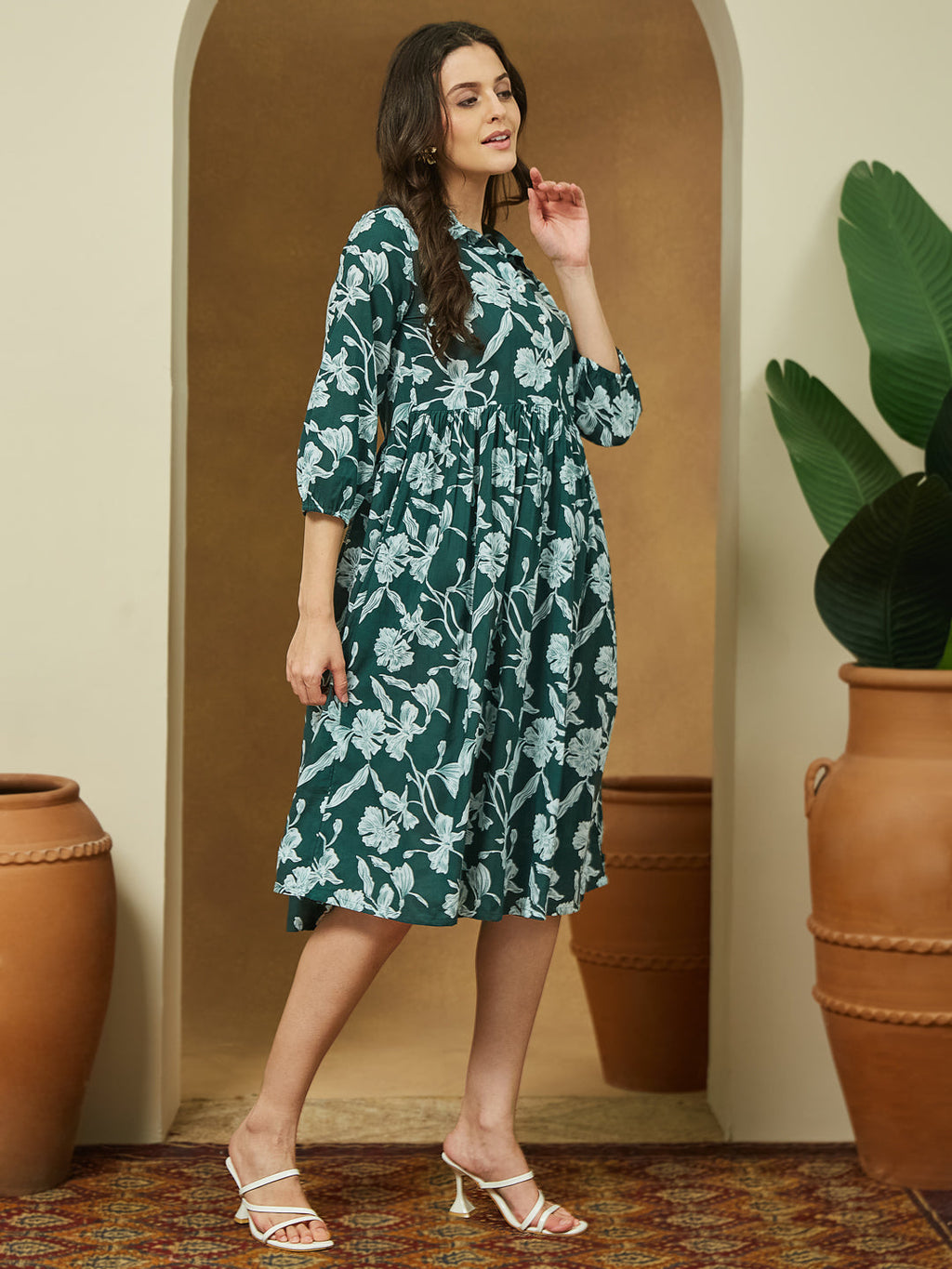 Janasya Dark Cotton Floral Fit & Flare Dress - Distacart