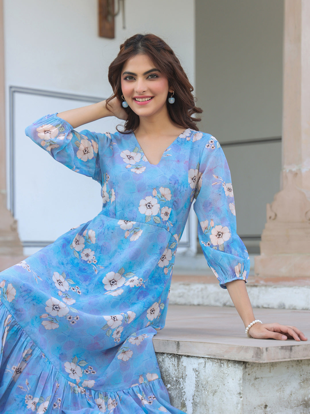 Janasya Light Georgette Floral A-Line Dress - Distacart