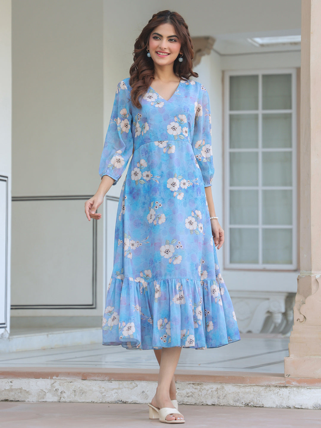 Janasya Light Georgette Floral A-Line Dress - Distacart