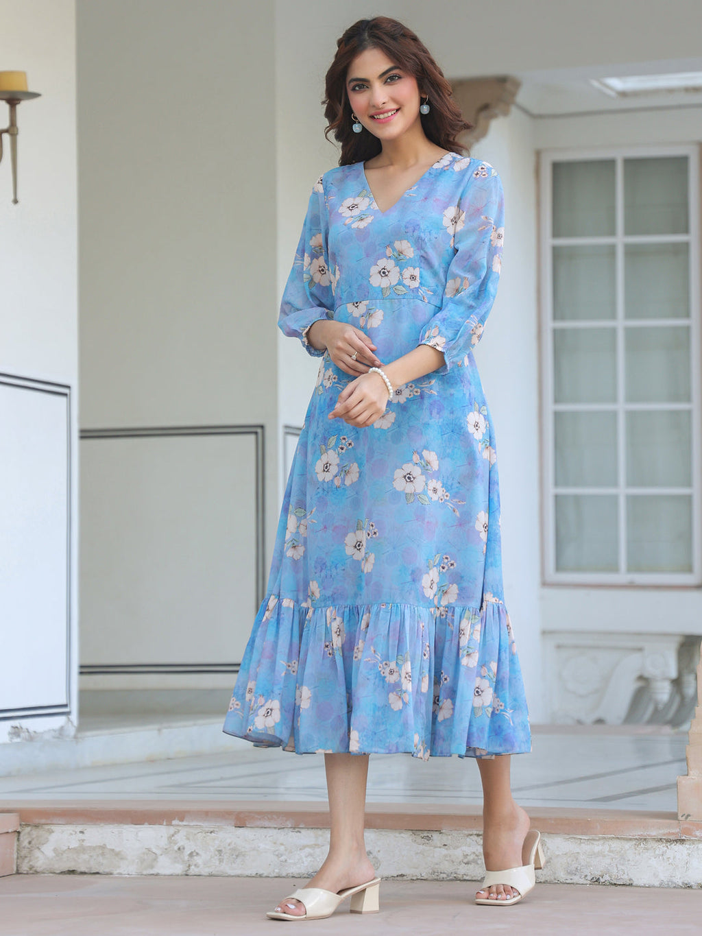 Janasya Light Georgette Floral A-Line Dress - Distacart