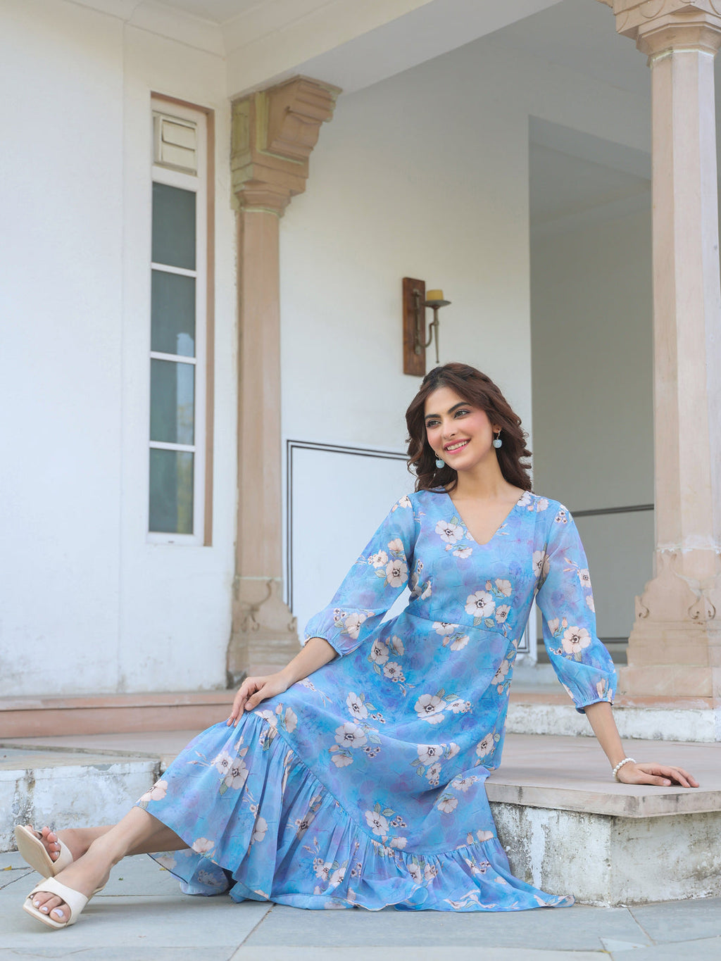 Janasya Light Georgette Floral A-Line Dress - Distacart