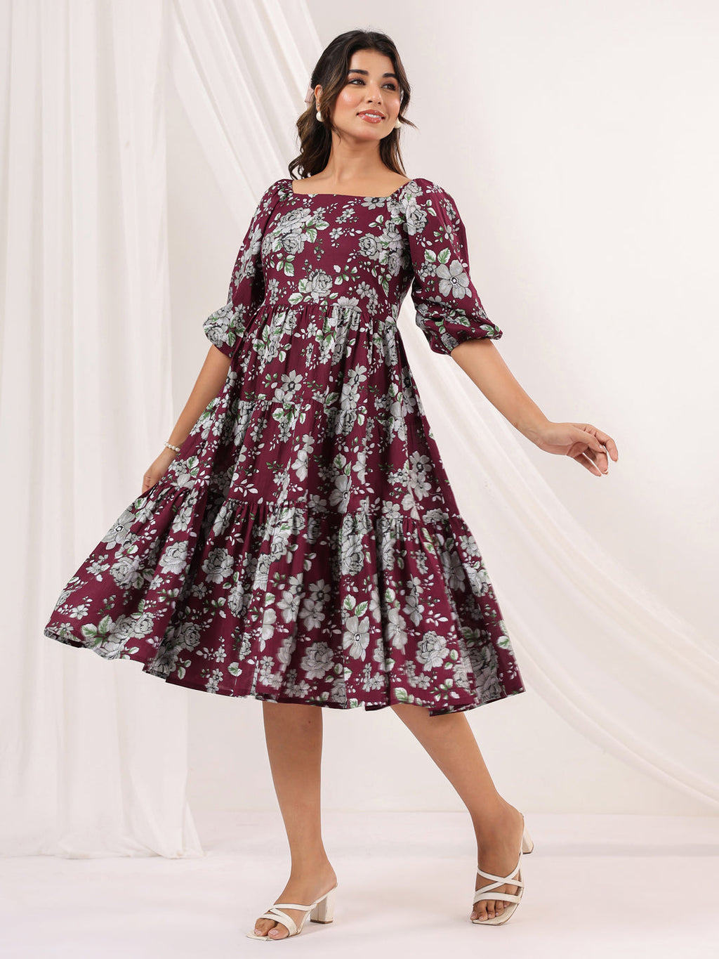 Janasya Dark Cotton Floral Tiered Dress - Distacart