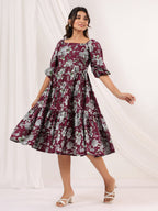 Janasya Dark Cotton Floral Tiered Dress - Distacart