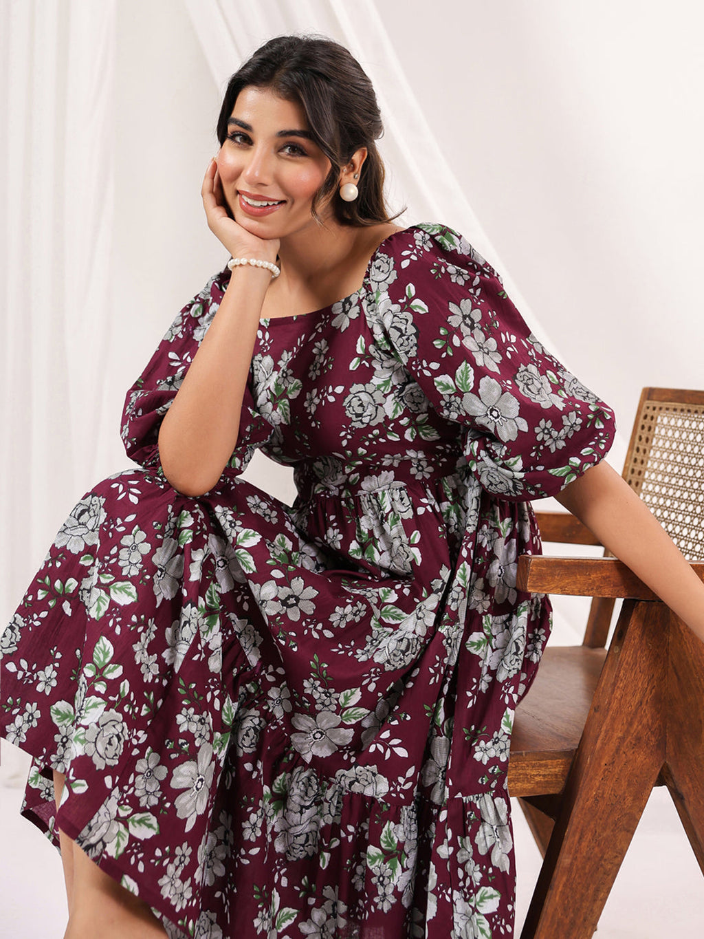 Janasya Dark Cotton Floral Tiered Dress - Distacart