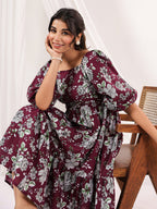 Janasya Dark Cotton Floral Tiered Dress - Distacart