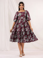 Janasya Dark Cotton Floral Tiered Dress - Distacart